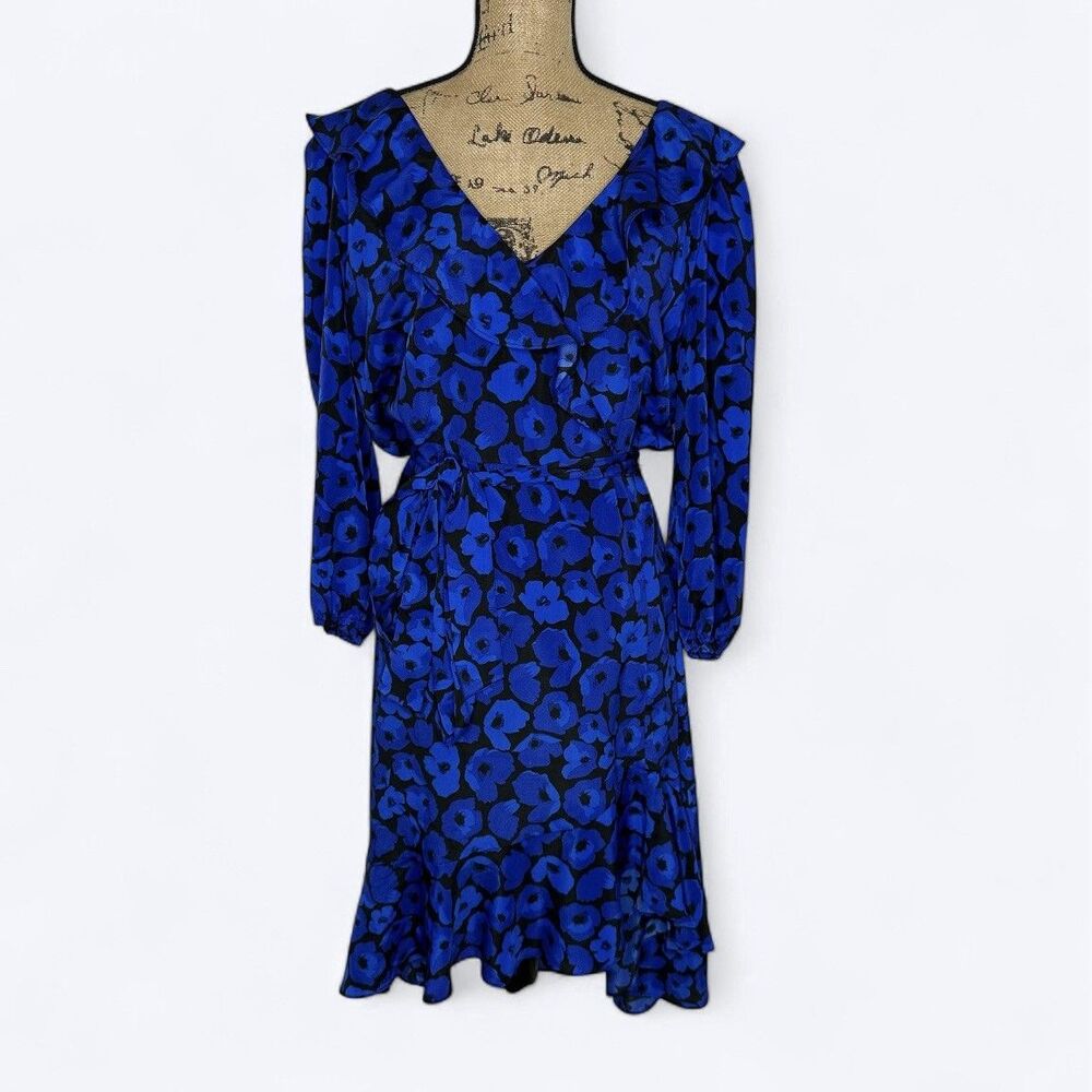 JW Jason Wu High Low Dress Sz XXL Black Blue Floral Tie Waist‎ Ruffle Party